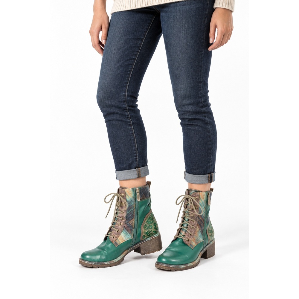 L'Artiste HipNCool Green Floral Leather Ankle Boots 8.5 EU 39 Boho